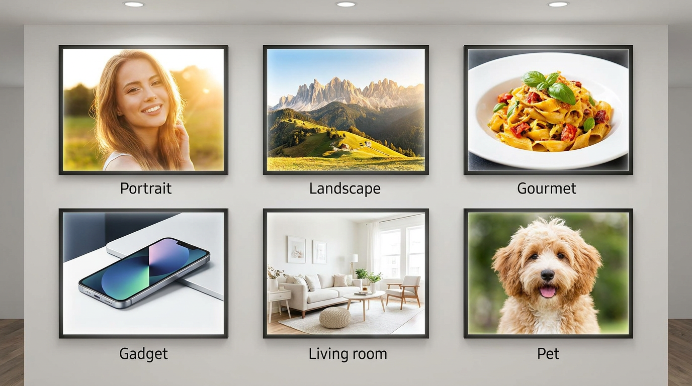 Grid of six photos enhanced by AI luminance correction across portrait, landscape, food, product, interior, and pet