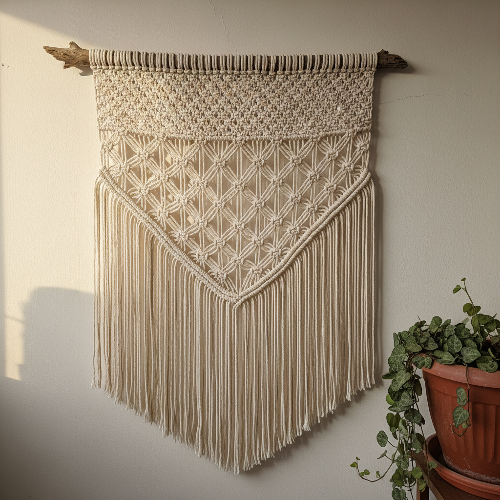 AI macrame pattern generator result: a large cream cotton wall hanging on a driftwood dowel with a square knot band, a diamond lattice and a deep brushed fringe
