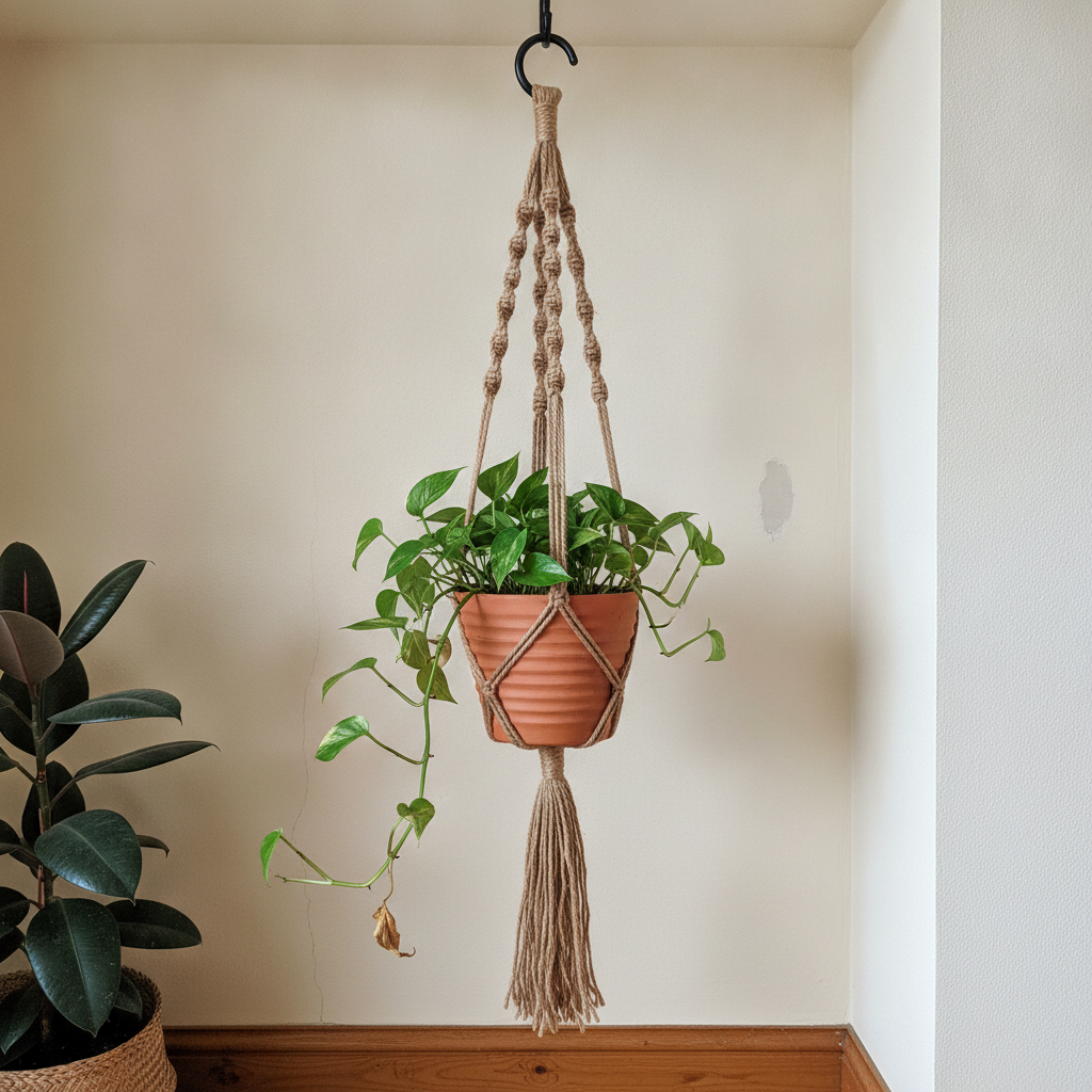 AI macrame pattern generator result: a jute macrame plant hanger of spiral half knots holding a ribbed terracotta pot of trailing pothos in a plaster alcove