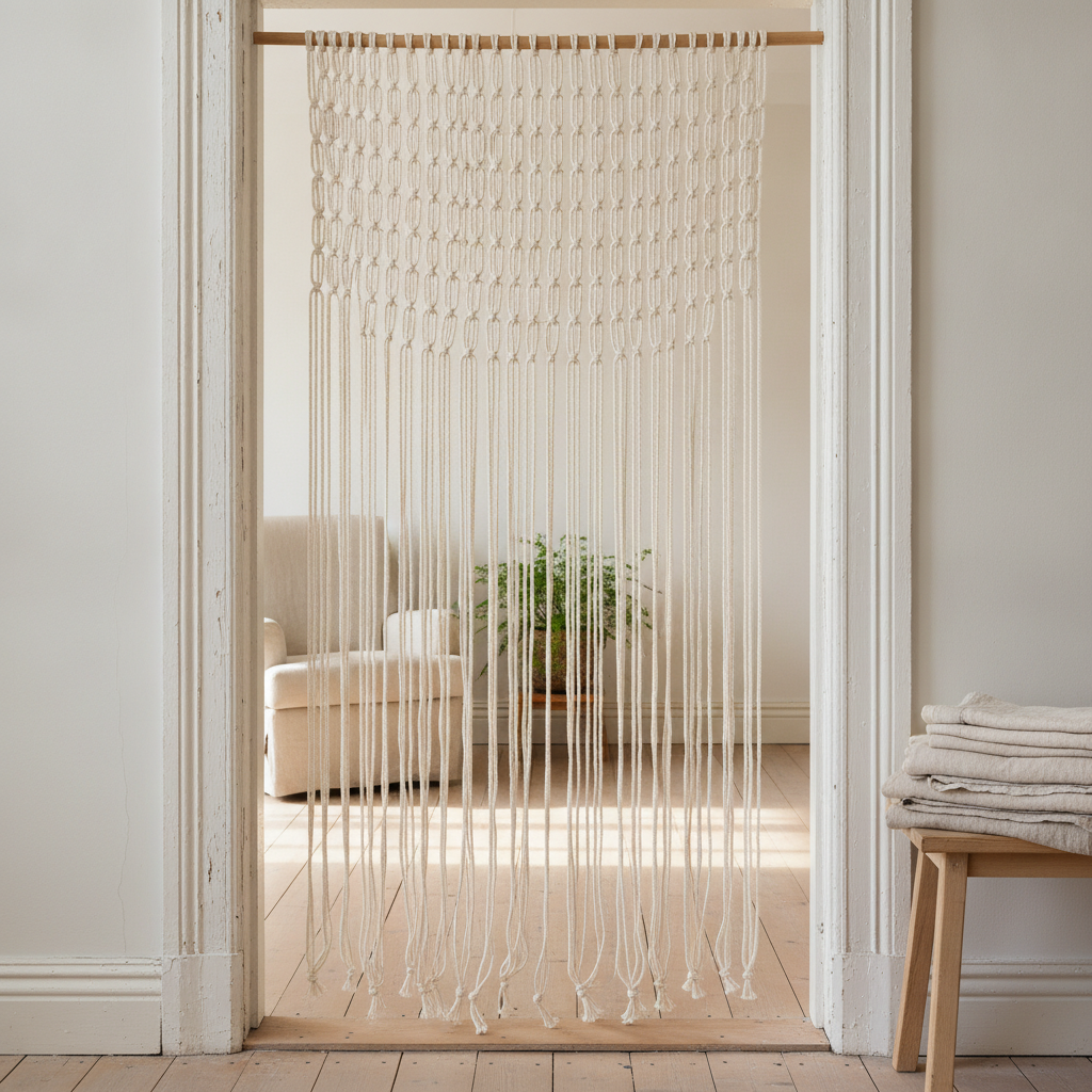 AI macrame pattern generator result: an off-white macrame curtain hung across an open doorway as a room divider, knotted into an open net halfway down