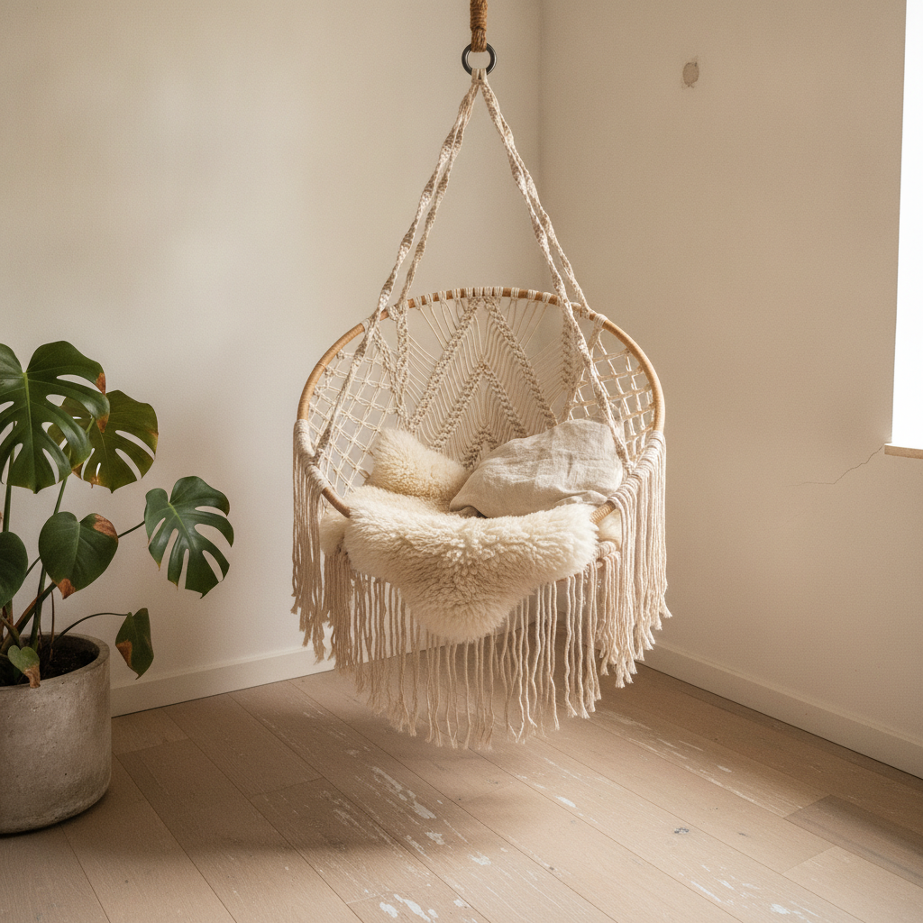 AI macrame pattern generator result: a thick ecru rope macrame hanging chair with a fanned back and a long shaggy fringe in the corner of a bright room