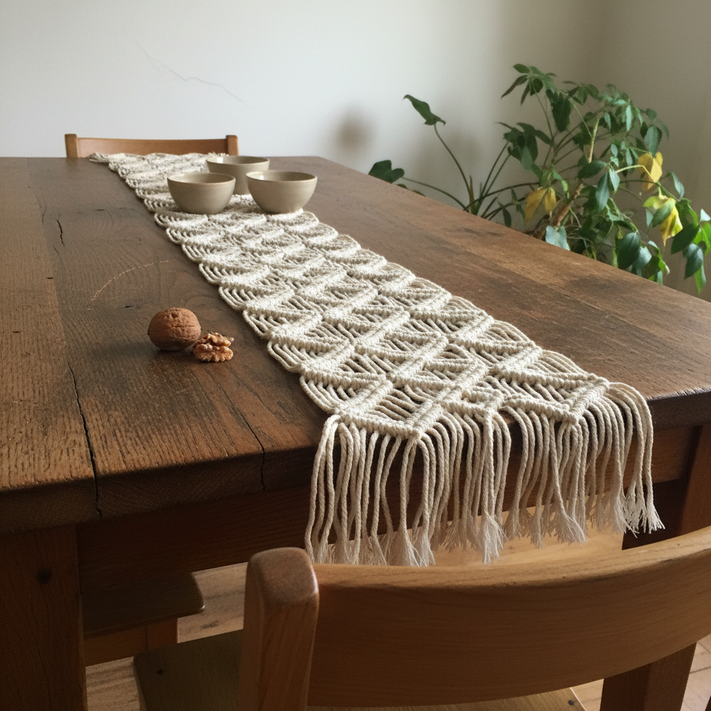 AI macrame pattern generator result: a fine cotton macrame table runner with a row of open diamonds laid down a reclaimed oak dining table