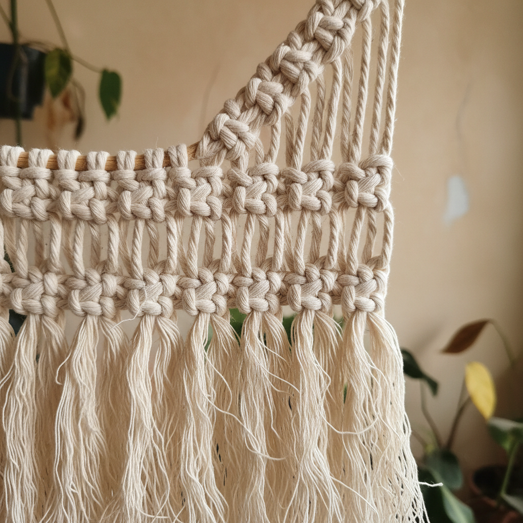 AI macrame pattern generator result: an extreme close-up of square knots and a diagonal double half hitch line in three-ply cream cotton cord