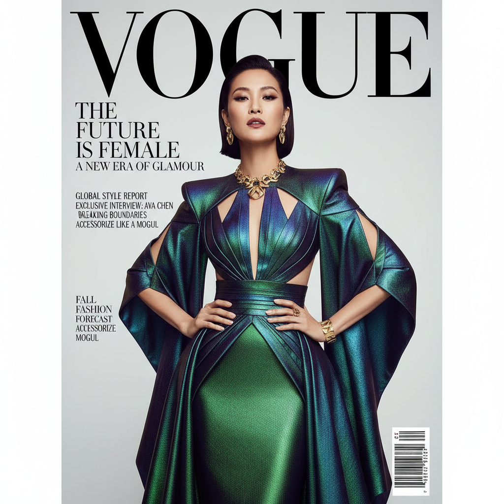 AI-generated high-fashion magazine cover with a model, perfectly rendered masthead text, and editorial cover lines