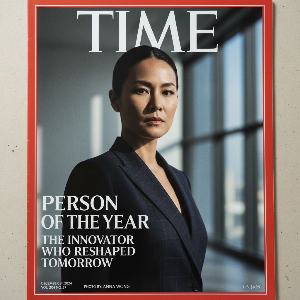 AI-generated news magazine cover with a bold red border, portrait, and Person of the Year headline
