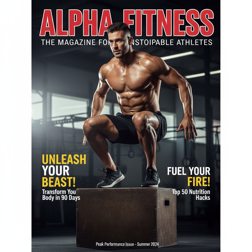 AI-generated sports and fitness magazine cover with an athlete in action and motivational cover lines