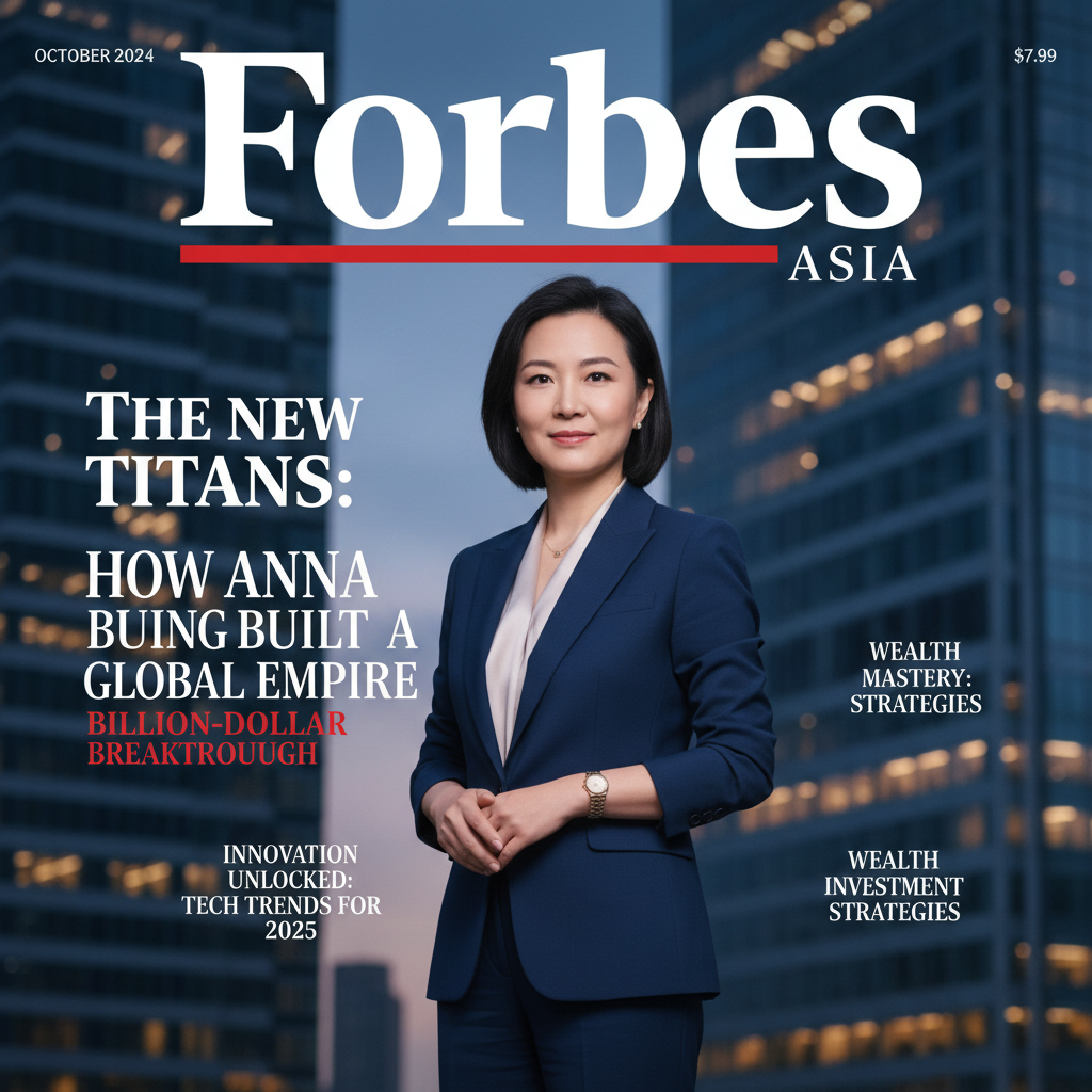 AI-generated business magazine cover with an entrepreneur in a suit and bold success headlines