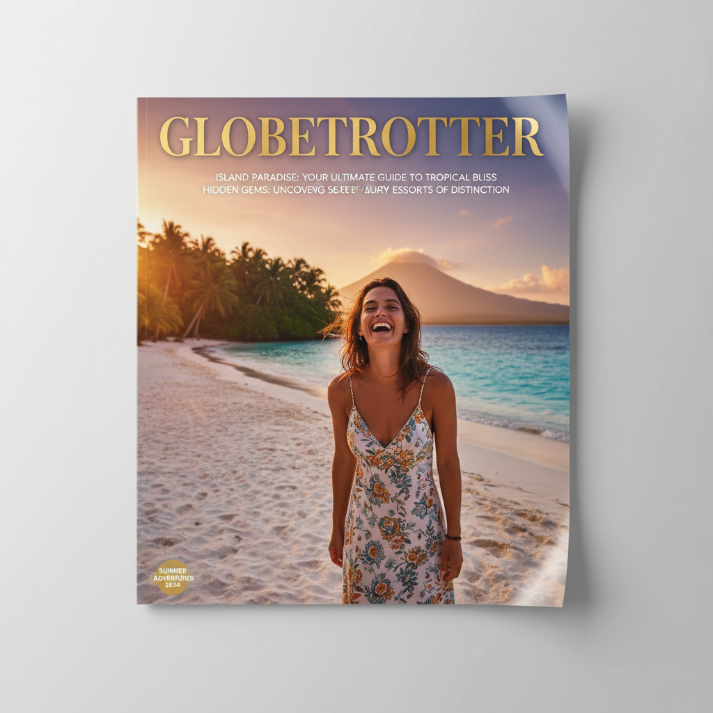 AI-generated travel and lifestyle magazine cover with a scenic destination and aspirational cover lines