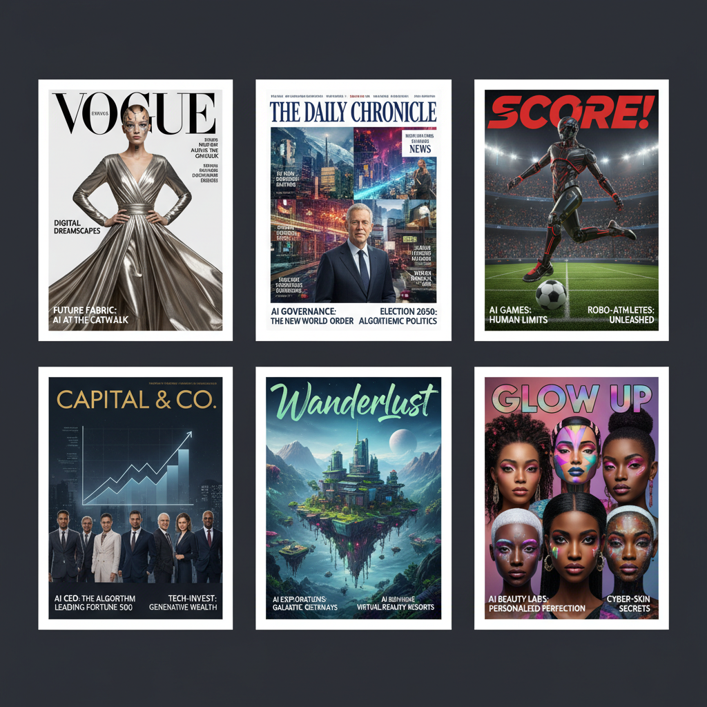 Grid of six AI-generated magazine covers across fashion, news, sports, business, travel, and beauty genres with perfect text