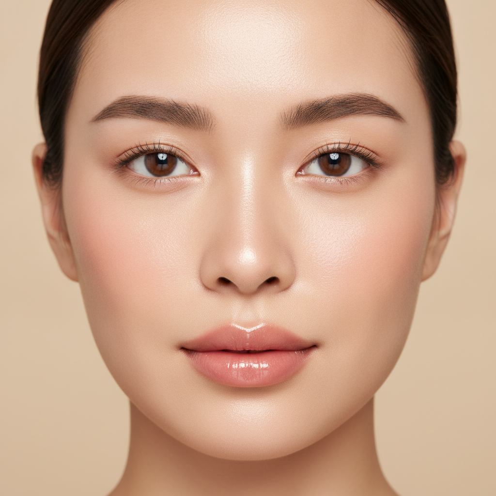 AI makeup generator result showing a woman with a soft natural no-makeup makeup look, dewy glowing skin, a light tinted lip and gentle blush, with her real face kept recognizable