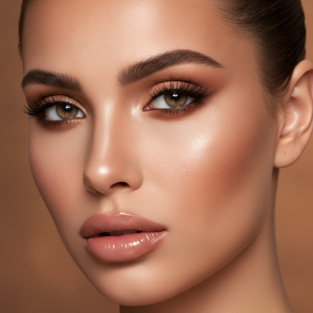AI makeup generator result showing a woman with a full glam makeup look, flawless foundation, glowing highlighter, a defined cut-crease eye and nude glossy lips, real facial features preserved