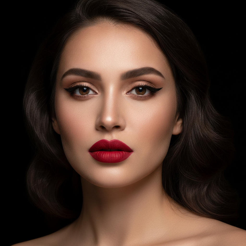 AI makeup generator result showing a woman with a classic bold red lipstick look, matte red lips and clean winged eyeliner on a dark background, real facial features recognizable