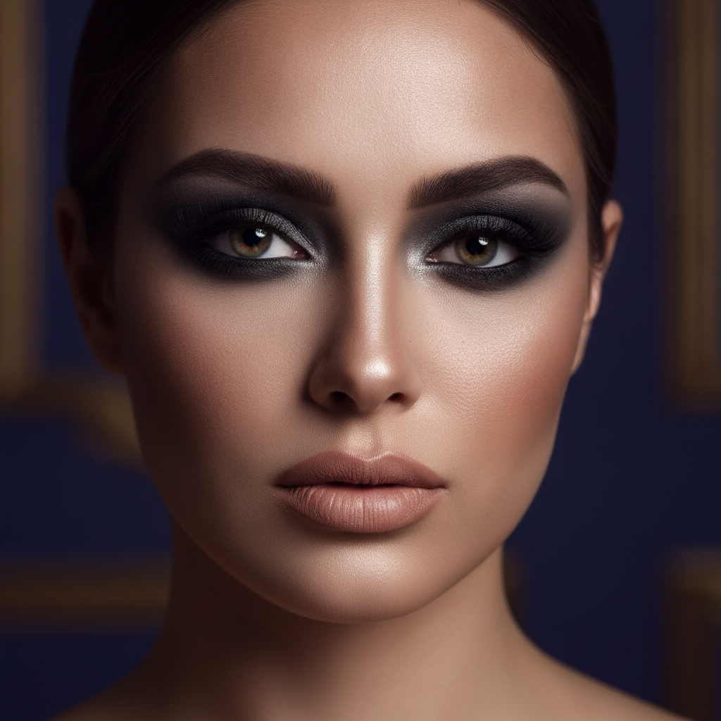 AI makeup generator result showing a woman with a dramatic smoky eye evening makeup look, blended dark eyeshadow and bold lashes with a soft nude lip, real facial features recognizable
