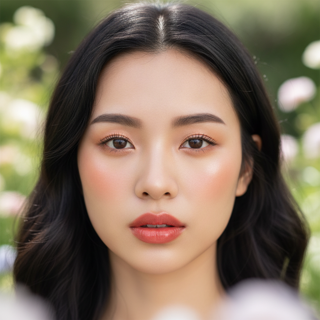 AI makeup generator result showing a woman with a soft dewy Korean-style makeup look, glass skin glow, straight natural brows and a gradient coral lip tint, real facial features recognizable