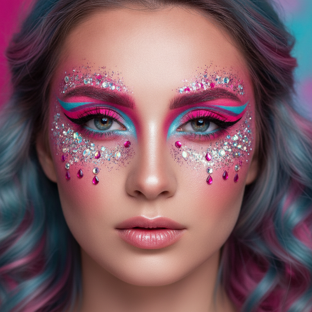 AI makeup generator result showing a woman with a bold creative festival makeup look, graphic eyeliner, iridescent glitter and rhinestone gems in vibrant pink and blue tones, real facial features recognizable