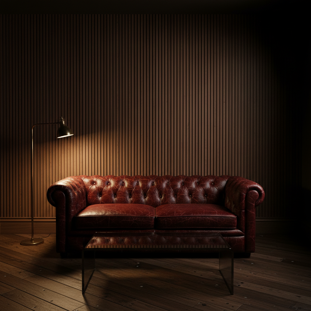 Man cave lounge with an oxblood buttoned leather chesterfield against a floor-to-ceiling fluted walnut panelled wall, a brass floor lamp to the left and a smoked glass table on dark oak boards