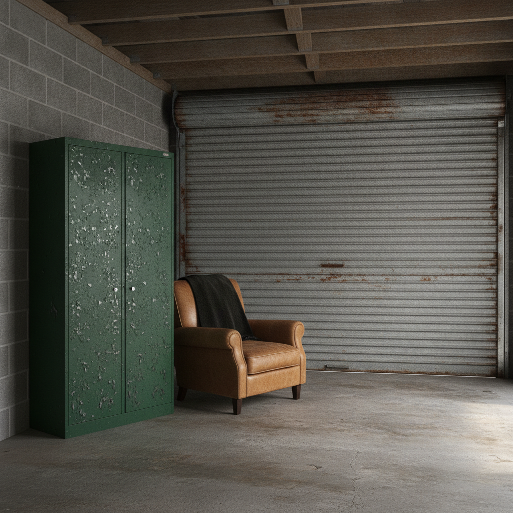 Garage man cave with a corrugated steel roller shutter, bare timber joists, a chipped dark green steel cupboard and a tan leather club chair with a black blanket on stained concrete