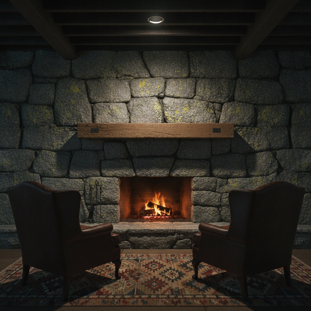 Basement man cave with a dry-stacked fieldstone fireplace, a reclaimed oak beam mantel and two matching leather wingback chairs side by side on a kilim rug in front of a lit fire