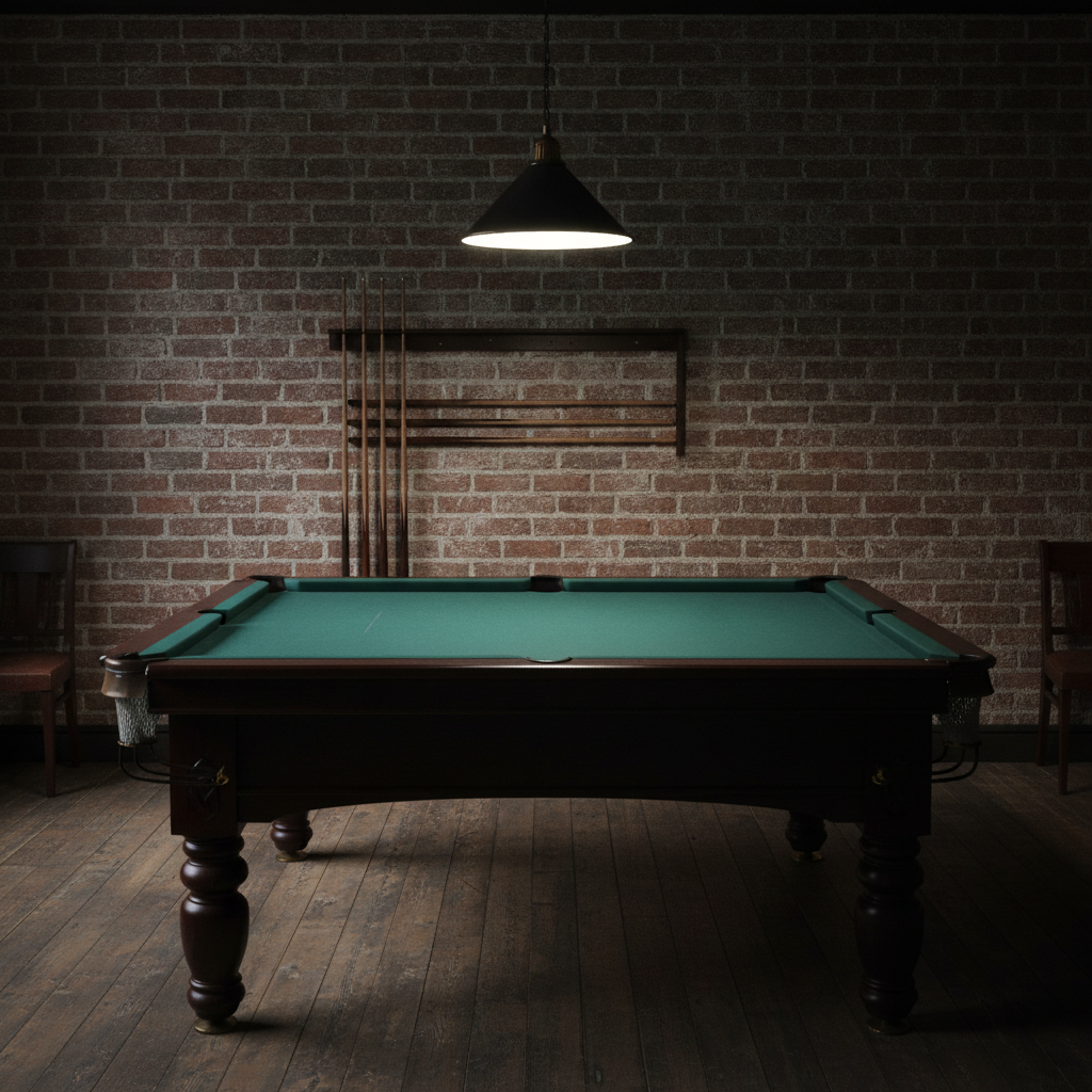 Man cave billiards corner with a mahogany pool table under a low pendant, the green baize brushed and empty, and four cues standing in a row at a wall rack against dark brick