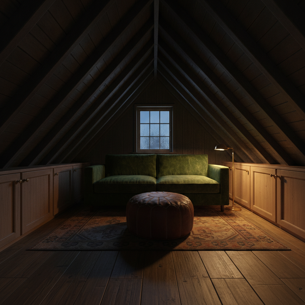 Attic man cave at night with dark charcoal rafters, a bottle-green velvet sofa under a condensation-beaded dormer window, a leather pouffe, a patterned rug and a brass floor lamp