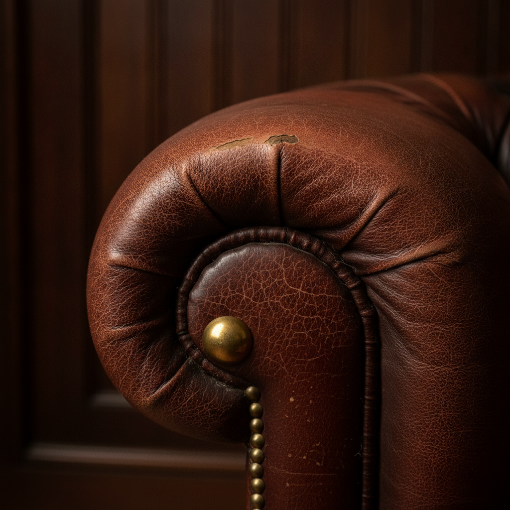 Macro of the rolled arm of an oxblood leather chesterfield showing hairline crazing, a brass dome stud and a row of nailhead studs against blurred dark panelling