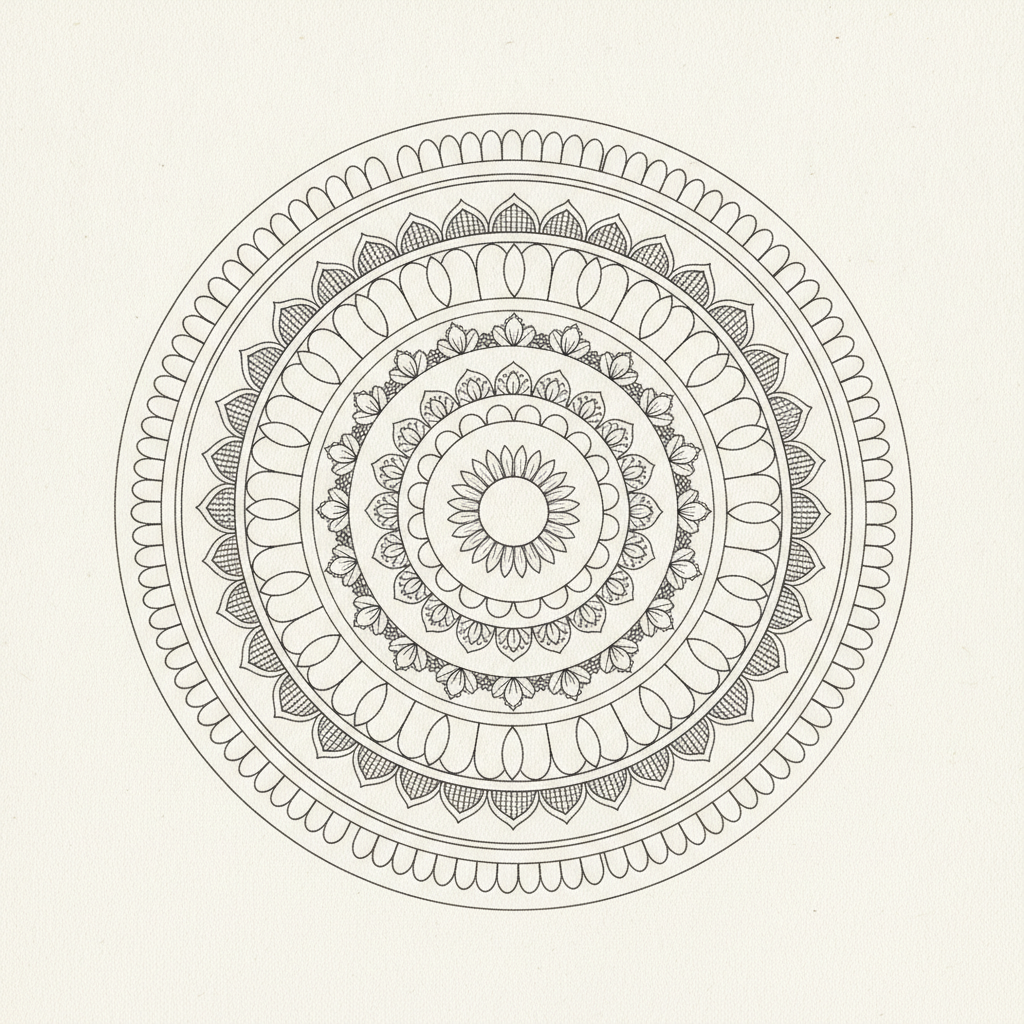 AI mandala generator result: a twelve-fold symmetrical mandala in fine black ink on warm white paper, with concentric rings of lotus petals, teardrops and cross-hatched arcs growing larger towards the outer edge
