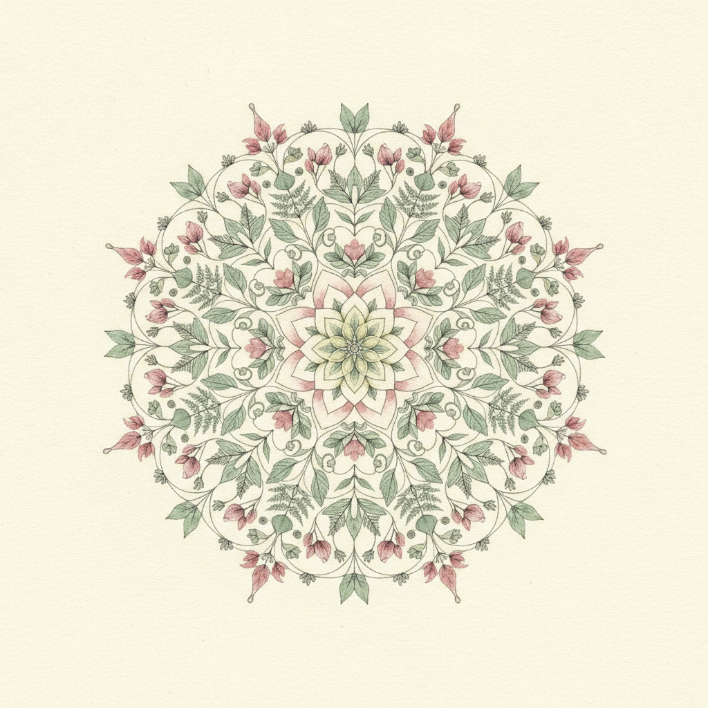 Floral mandala made with AI: radial botanical symmetry built from a layered petal rosette ringed by curling stems, leaves, ferns and small buds in sage green and dusty rose over fine linework on cream paper