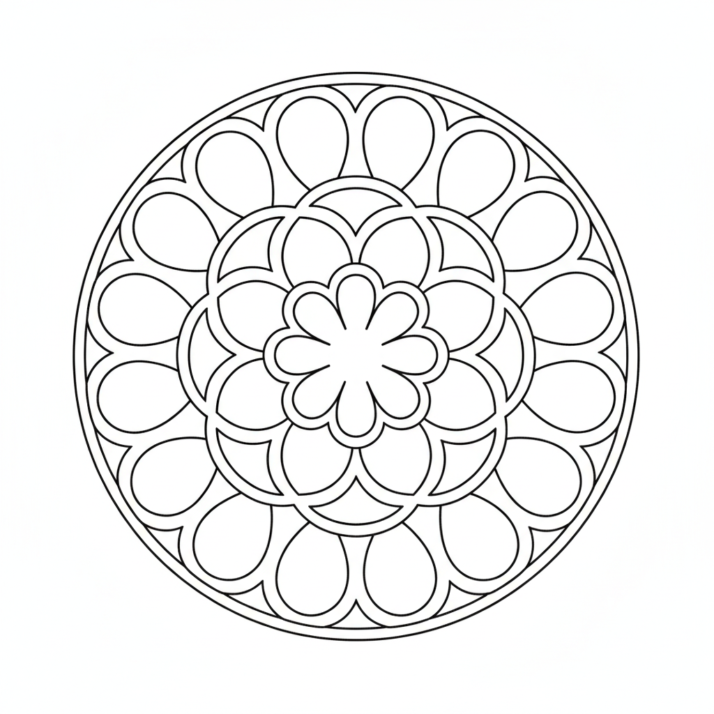 Mandala coloring page from the AI mandala generator: bold clean black outlines on pure white with no shading or fill, radial symmetry and large open teardrop and petal shapes sized to be easy to colour in