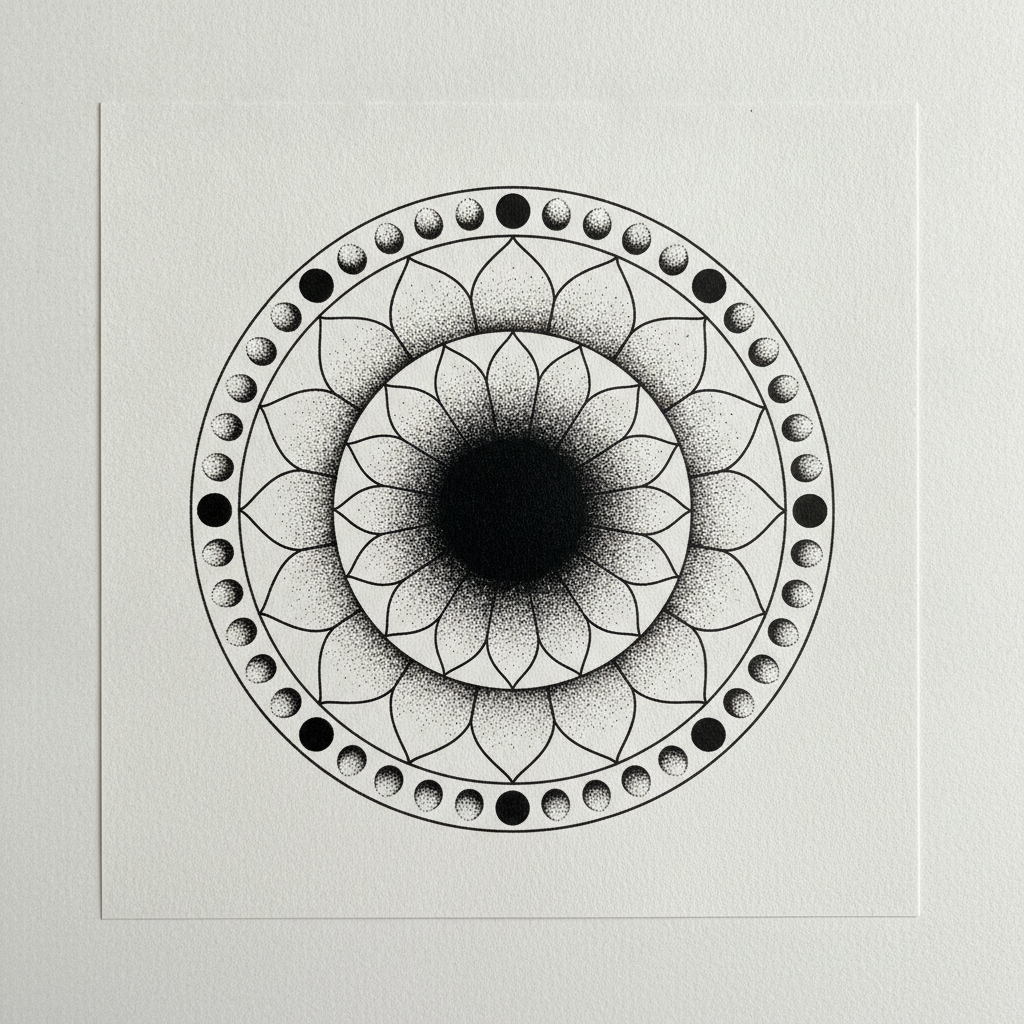 Dotwork mandala tattoo design generated with AI: pure black ink on off-white paper with a solid black centre, rings of stippled shading fading from dense to sparse, sharp geometric petals and crescent moon motifs