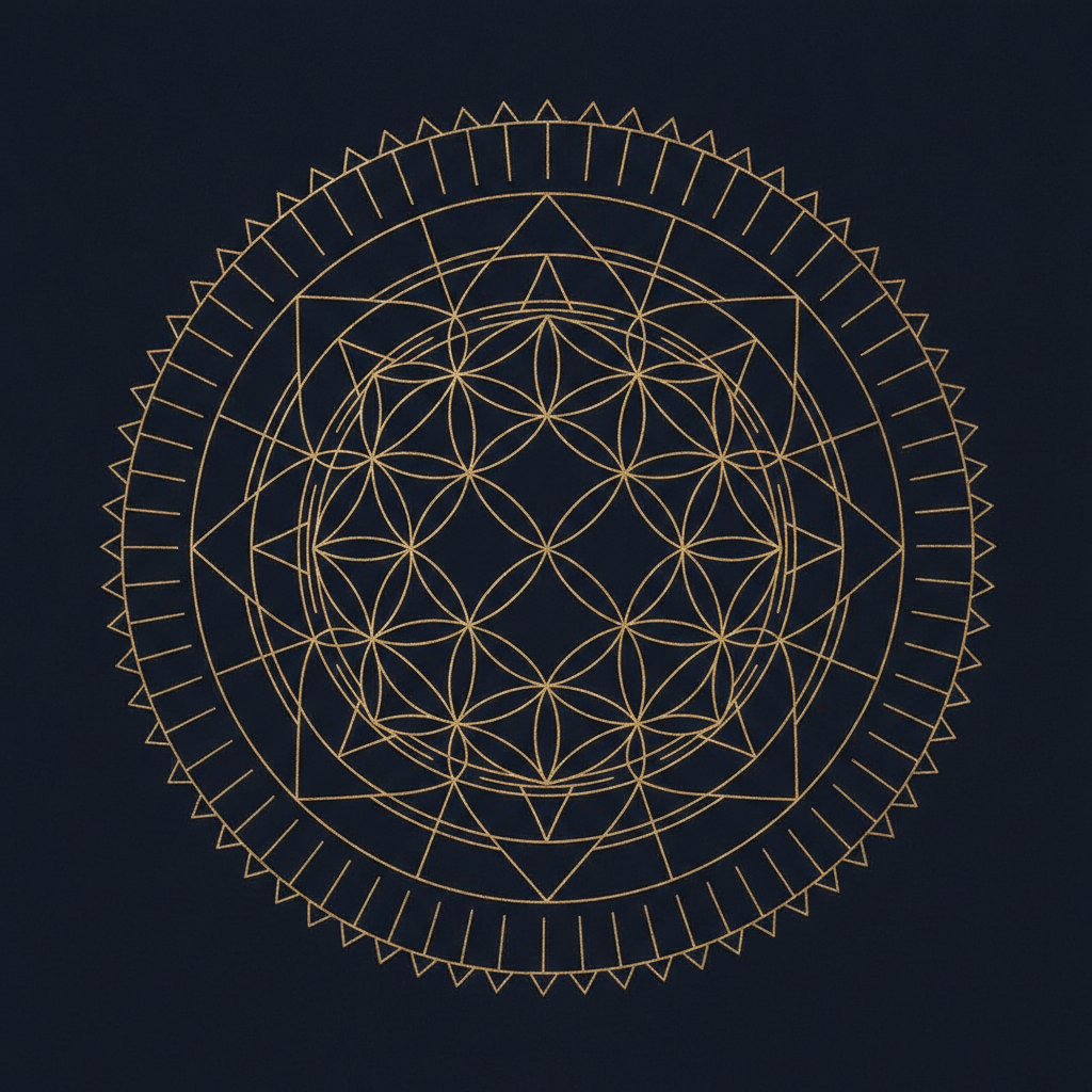 Sacred geometry mandala from the AI mandala generator: interlocking flower-of-life circles and an overlaid hexagram drawn in luminous fine gold line on a deep midnight navy background