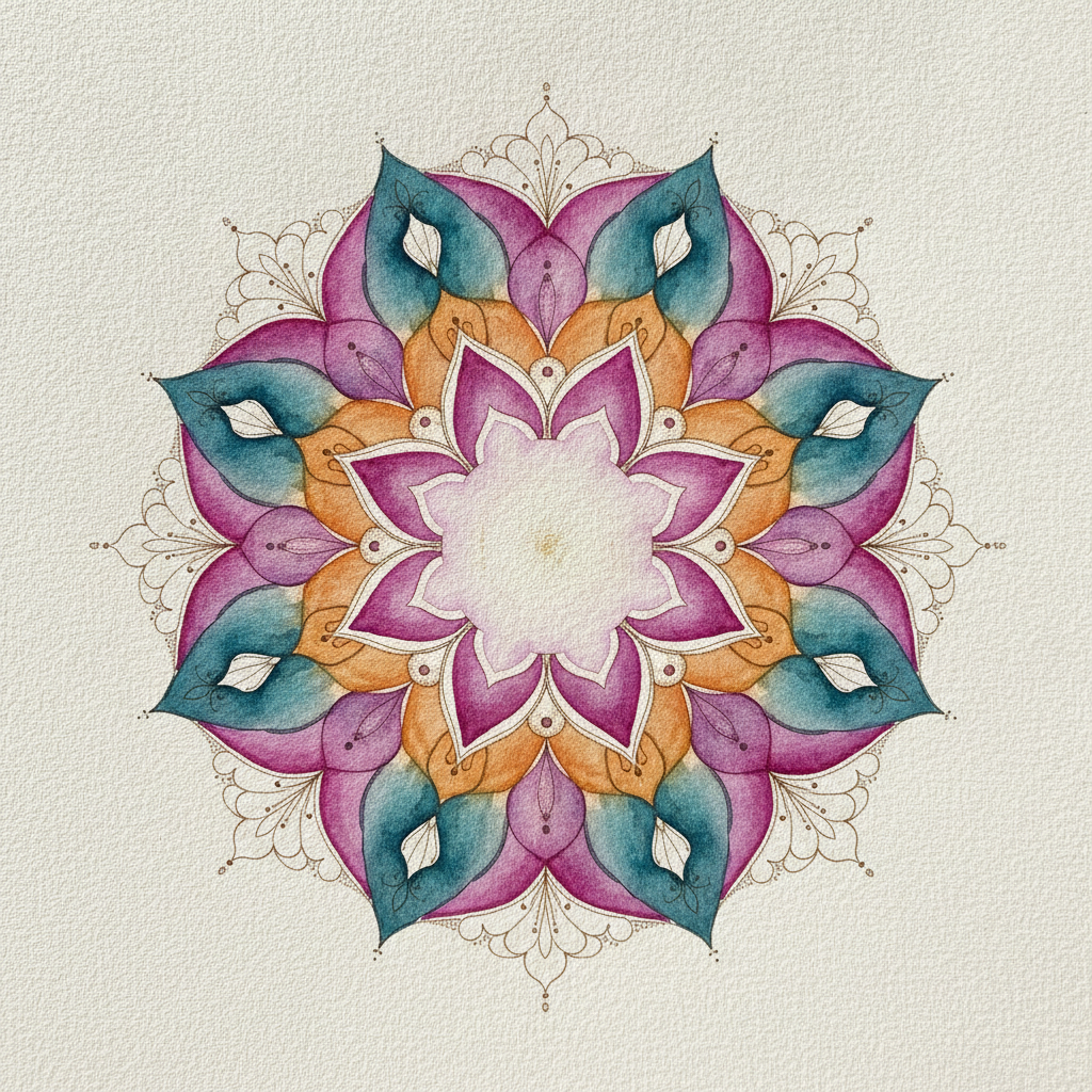 Watercolour mandala designed with AI: loose flowing radial petals in blended teal, magenta, violet and warm amber with visible pigment granulation and soft bleeding edges on textured cotton paper