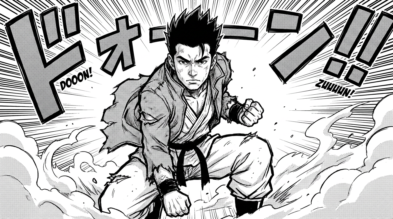 AI manga generator result showing a man as a shonen action manga character with dynamic speed lines and a determined expression