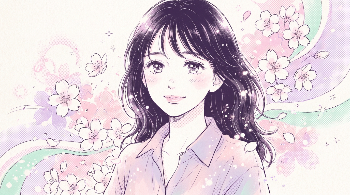 AI manga generator result showing a woman as a shojo romance manga character with sparkling big eyes and flower background effects