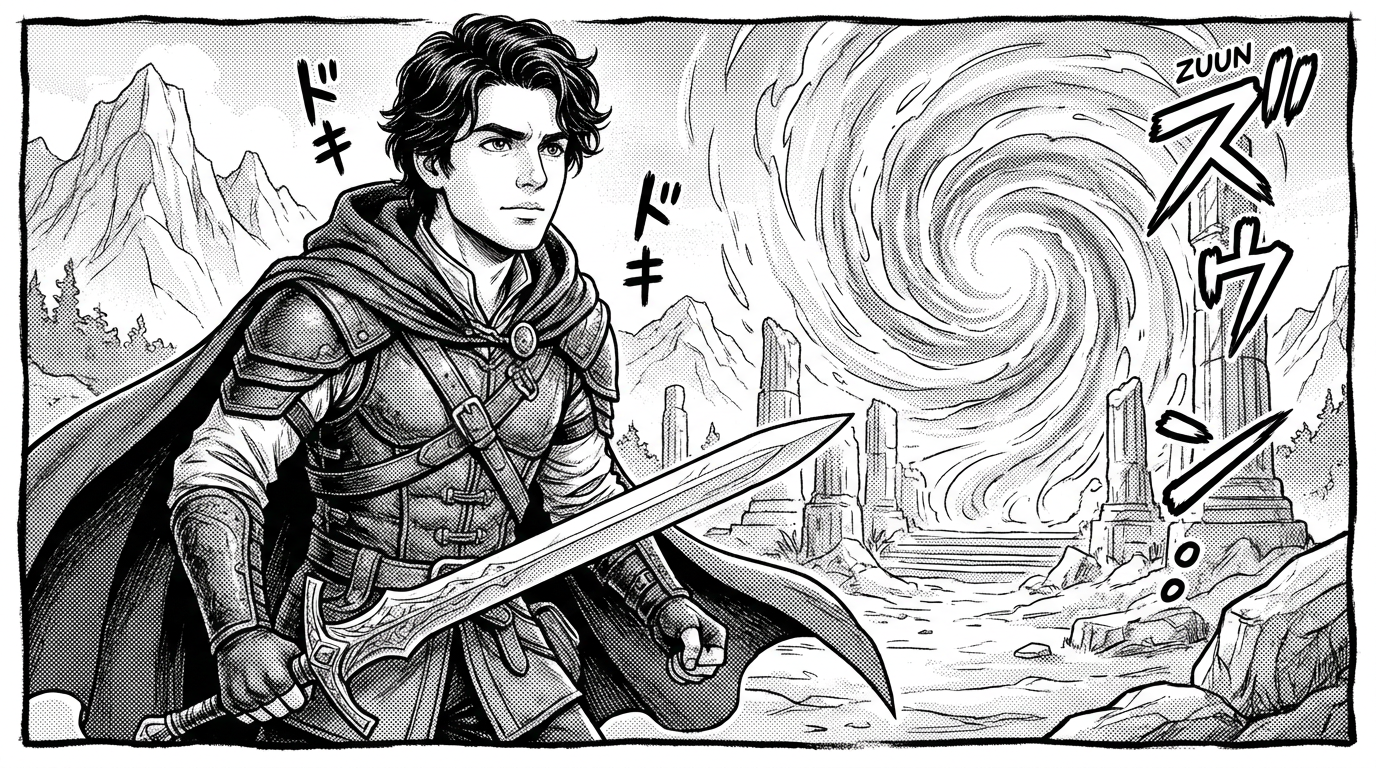 AI manga generator result showing a person as a fantasy isekai manga character in adventurer outfit with a magical background