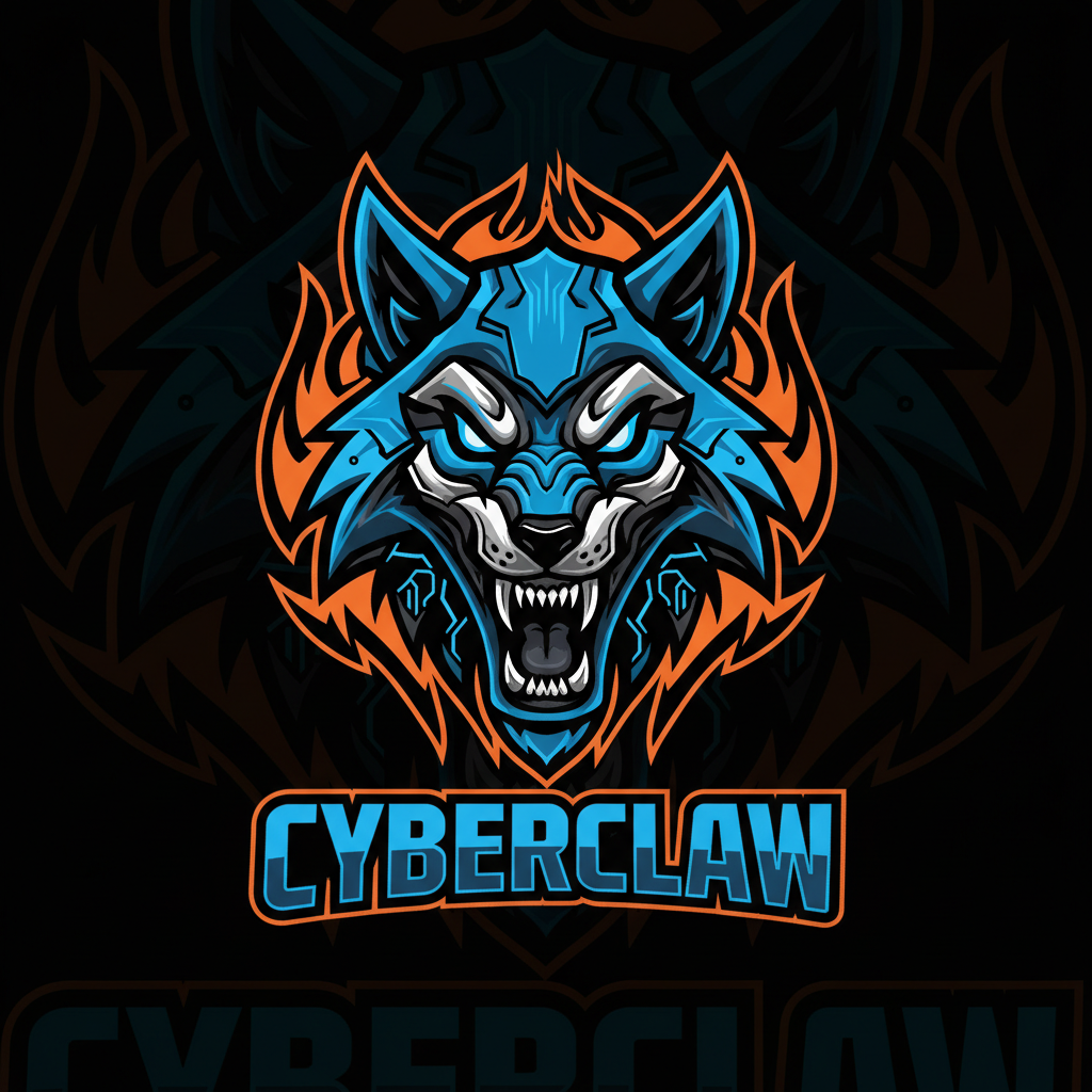 AI mascot generator result showing a fierce cyber wolf esports mascot logo with glowing blue eyes, bold thick outlines, and an electric blue and orange color scheme