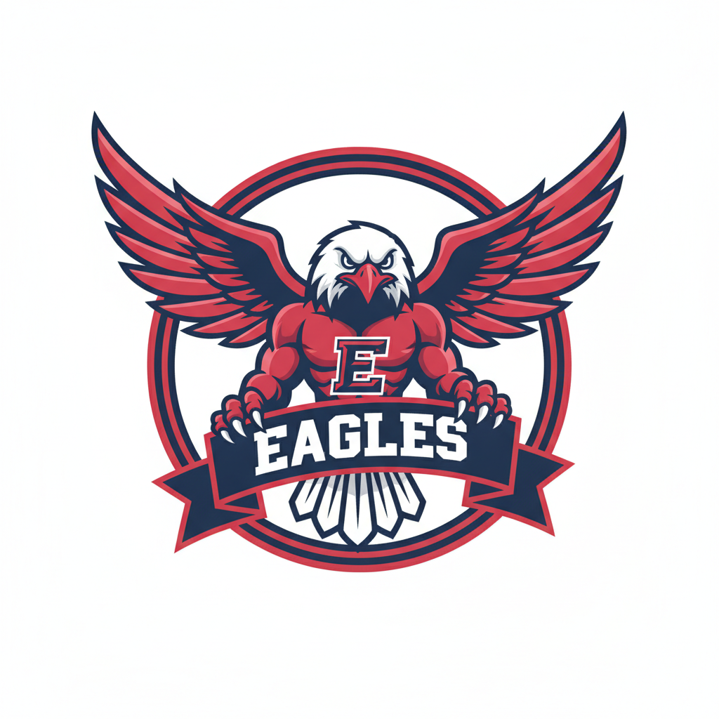 AI mascot generator result showing a bold bald eagle sports team mascot with spread wings, athletic cartoon style, in red white and navy blue