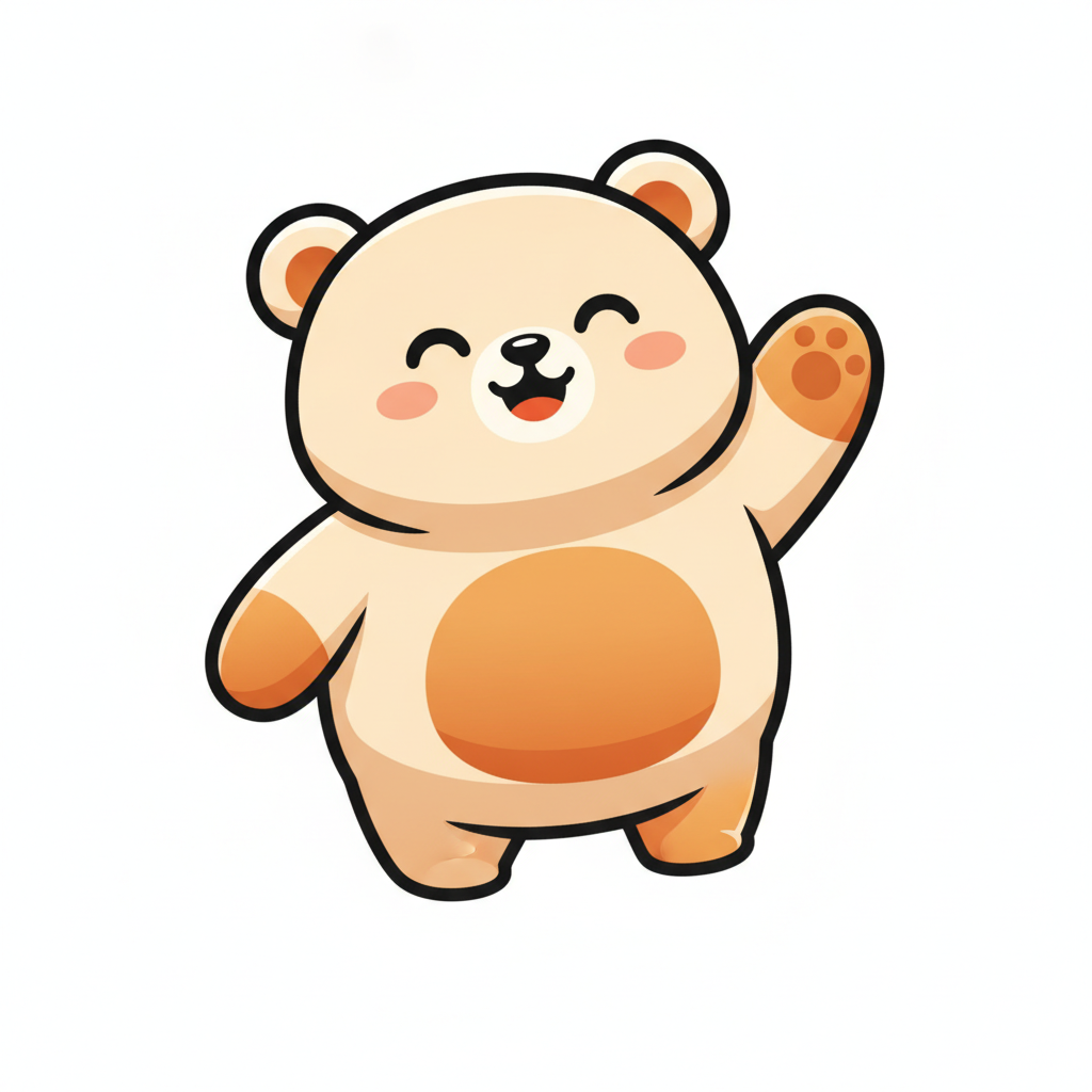 AI mascot generator result showing a cute friendly chubby bear brand mascot waving, soft rounded kawaii cartoon style in warm orange and cream colors