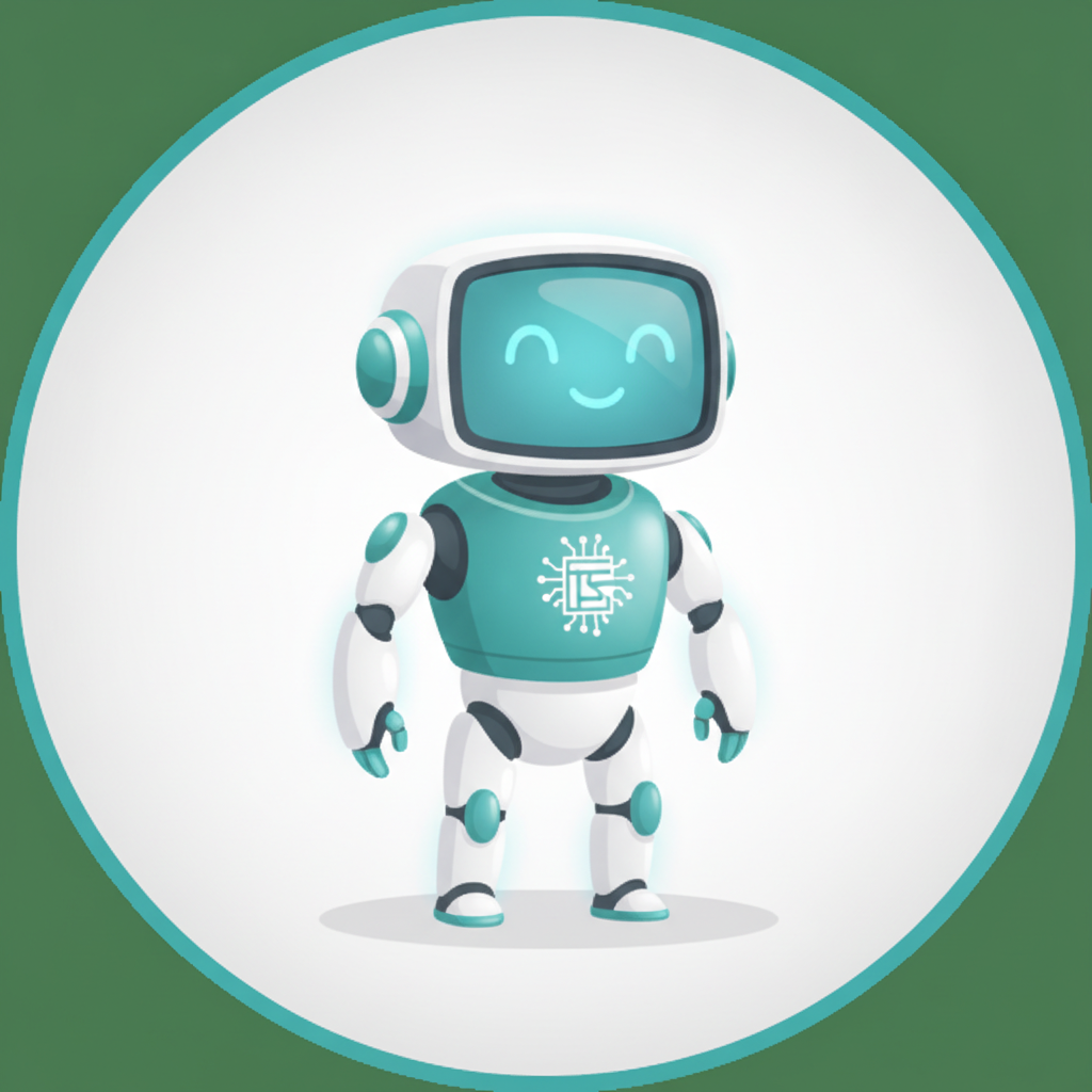 AI mascot generator result showing a modern tech startup robot mascot with a friendly glowing screen face and sleek teal and white body, flat vector style