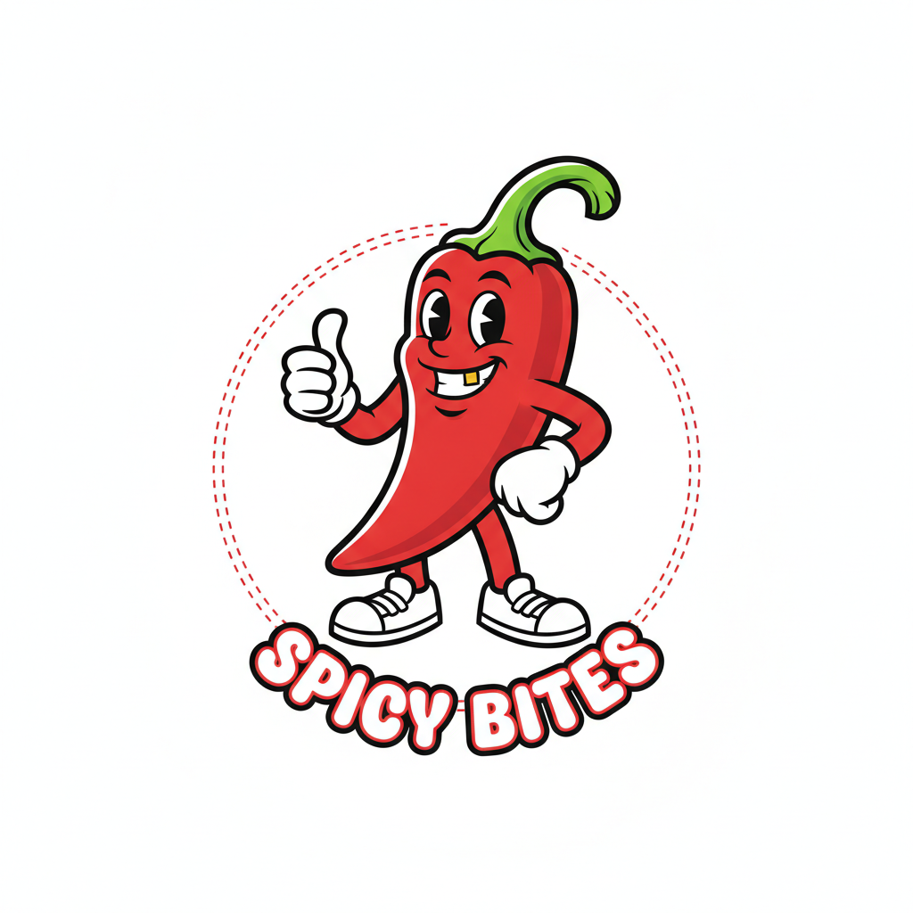 AI mascot generator result showing a playful smiling cartoon chili pepper restaurant mascot giving a thumbs up in vibrant red and green, retro logo style