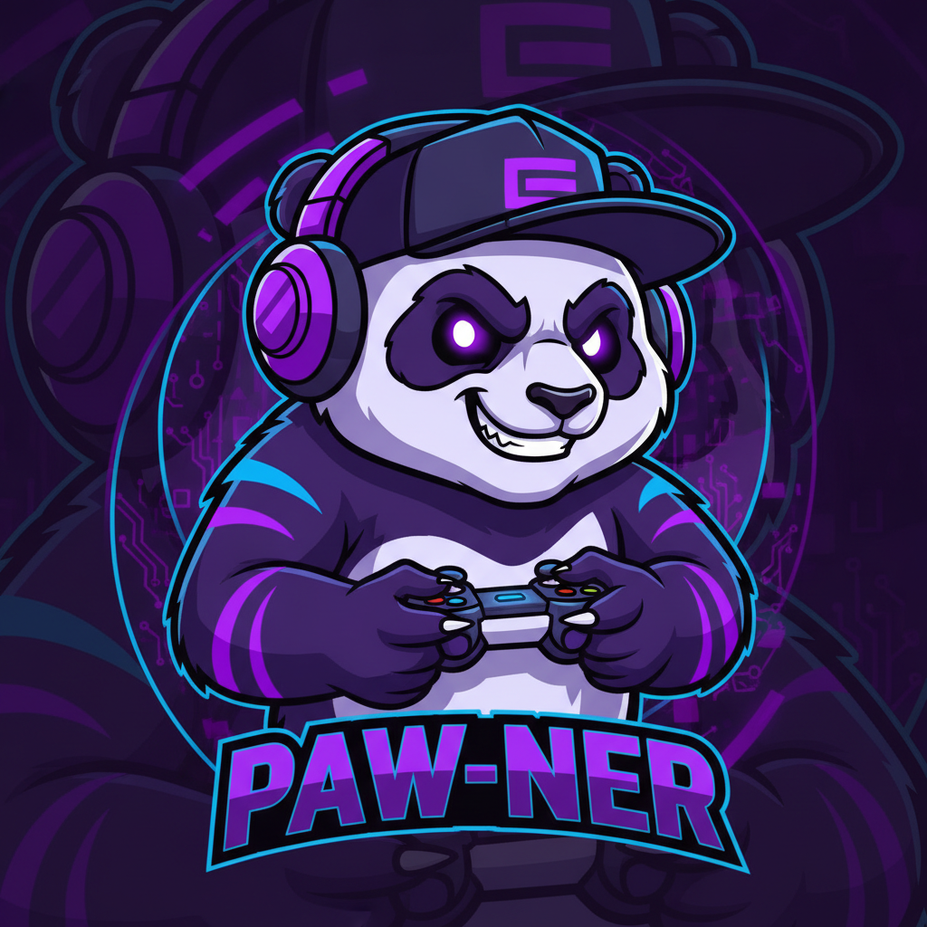 AI mascot generator result showing a cool panda streamer mascot wearing headphones and a backwards cap holding a game controller, purple and neon color scheme