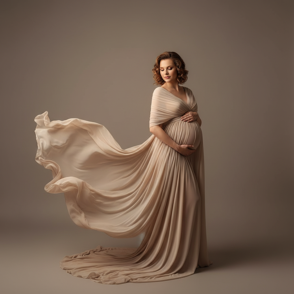 Elegant studio AI maternity portrait of a pregnant woman in a soft beige gown cradling her baby bump with warm soft lighting, made by the AI maternity photo generator