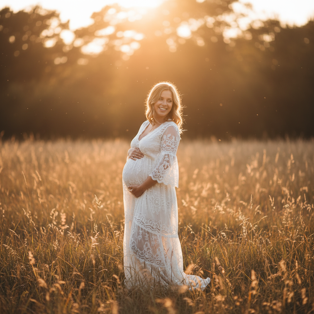 Outdoor golden-hour AI maternity photo of a pregnant woman in a long white dress in a sunlit field with dreamy bokeh