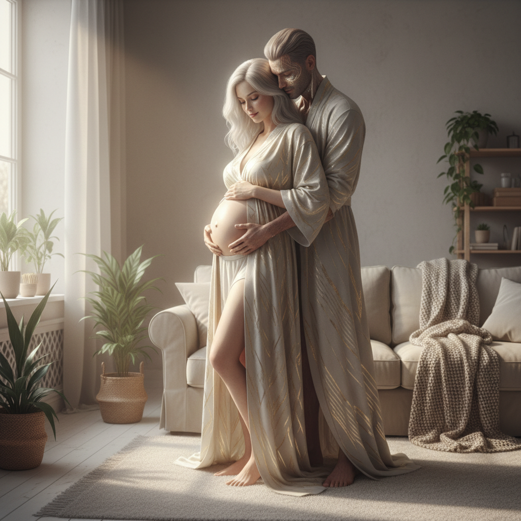 Romantic AI couple maternity portrait of an expecting couple embracing with soft window light and an intimate mood