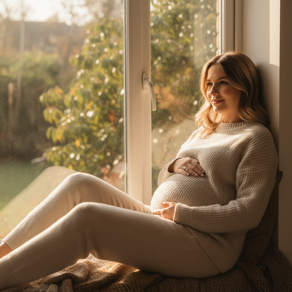 Cozy at-home AI maternity portrait of a pregnant woman by a window in soft knitwear with warm morning light