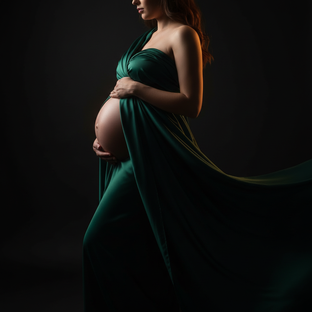 Dramatic fine-art AI maternity portrait with draped silk fabric and cinematic rim lighting on a dark background