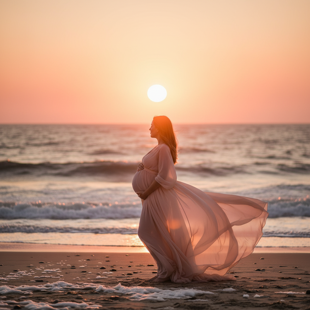 Beach sunset AI maternity photo of a pregnant woman in a flowing chiffon dress on the shoreline with a warm pink sky
