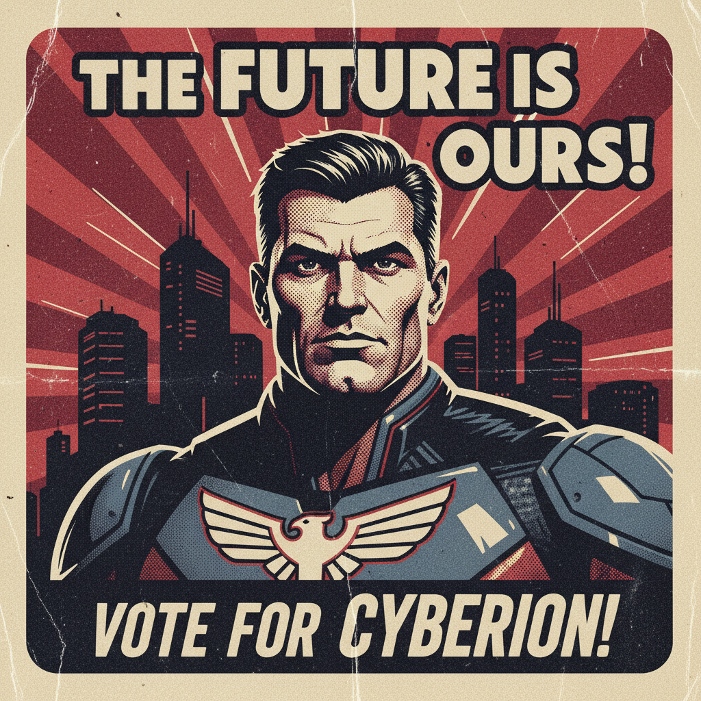 AI MCGA style art — a bold retro campaign poster portrait of a confident hero figure with halftone shading in vintage red, white and cream tones, created with the AI MCGA style art generator