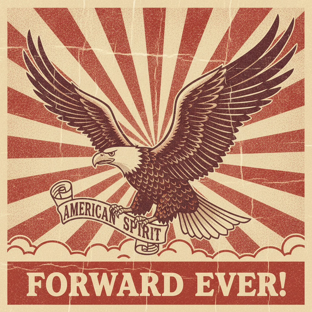AI MCGA style art — a vintage propaganda-style illustration of a triumphant eagle with a dramatic sunburst background in red and cream tones, made with the AI MCGA style art generator