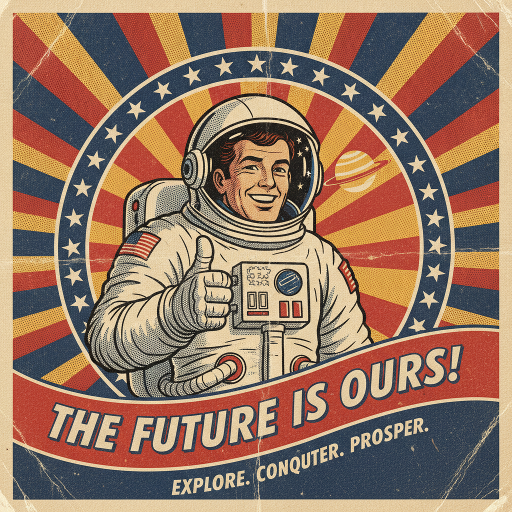 AI MCGA style art — a retro poster of a smiling astronaut giving a thumbs up over a dramatic patriotic sunburst with aged print texture, generated by the AI MCGA style art generator
