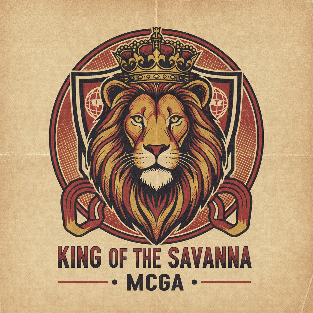 AI MCGA style art — a bold screen-print poster of a majestic crowned lion in a dramatic red and gold palette with halftone gradients, created with the AI MCGA style art generator